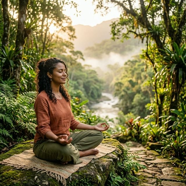 Mulher em cenário sereno de bem-estar
